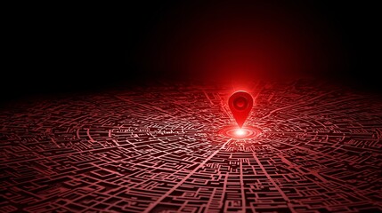 Fototapeta premium Fire alarm safety response concept. A glowing red map pin stands out against a dark, abstract city landscape.