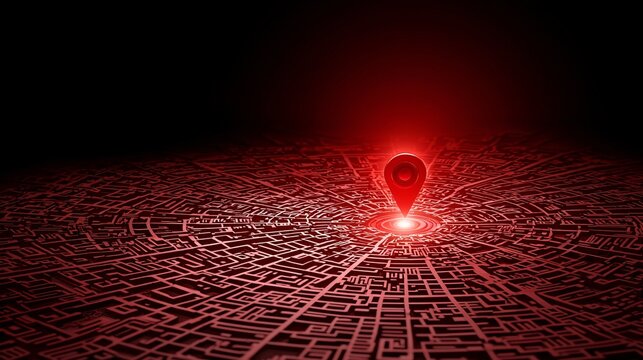 Fire alarm safety response concept. A glowing red map pin stands out against a dark, abstract city landscape.