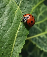 Obraz premium Ladybug larva crawling on a smooth green leaf surface , larva, texture