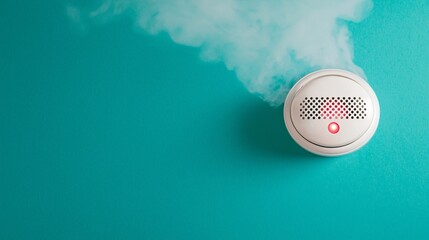 Fire alarm safety response concept. Smoke detector with steam on a vibrant turquoise background, symbolizing safety and alertness.