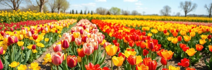 A beautiful row of bright yellow tulips in full bloom, stretching across a fresh green garden bed, nature, row, spring