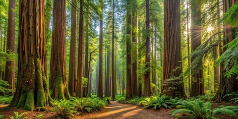 Fototapeta premium Panoramic view of a lush redwood forest, redwoods, trees, nature, forest, green, tall, majestic, landscape, serene