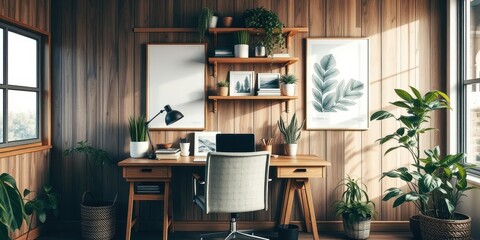 A cozy home office with wooden desk, chair, and shelves adorned with botanical and nature-themed posters, chair, home office, desk
