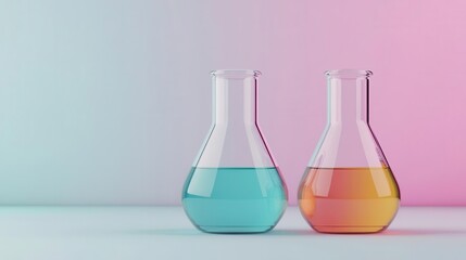 Two laboratory flasks with colorful liquids, one blue and one orange, against a soft gradient background.