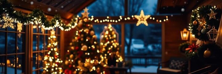 An open window with snow falling on a festive Christmas tree, glowing, atmosphere, warm