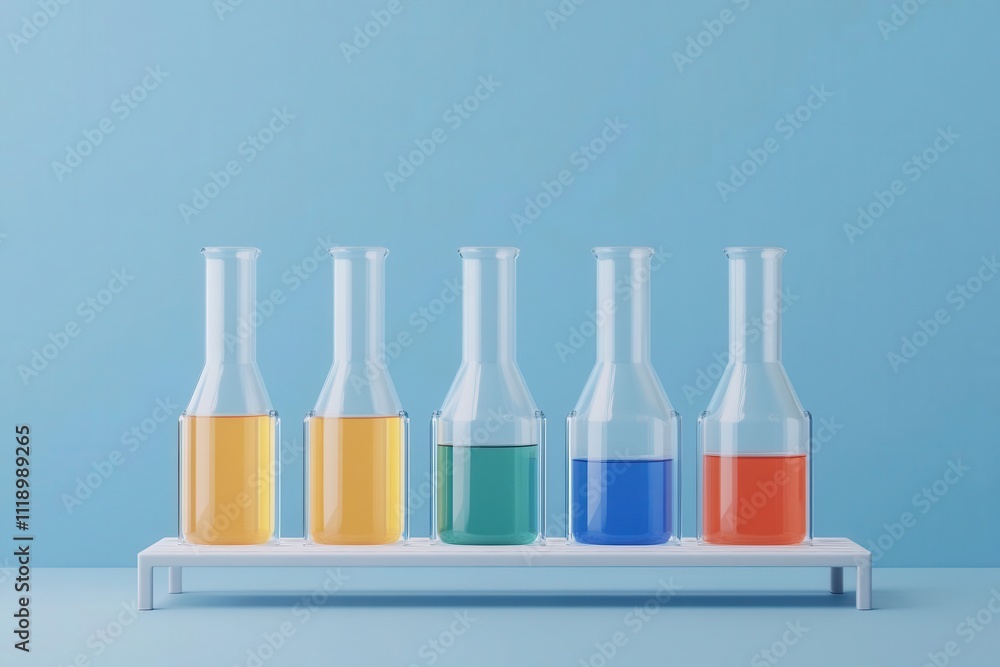 Poster colorful laboratory flasks filled with various liquids are arranged neatly on a white stand against 