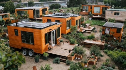 Aerial view of a community of tiny houses with gardens.