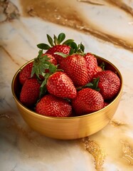 Juicy strawberries in a gold bowl. A delightful summer treat!