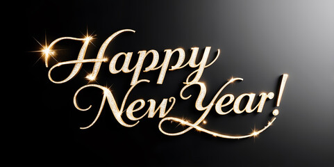 A glamorous "Happy New Year" greeting in gold with sparkling diamonds on a dark background. For New Year's cards, invitations, and social media posts.