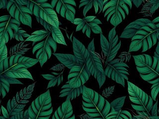 Fototapeta premium Dark pattern featuring exotic leaves in a bold, mysterious design, exotic, contrast