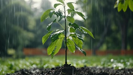 Planting a young tree in the rain to promote growth and enhance the environment