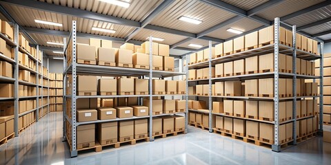 Racks filled with cardboard boxes in organized storage room , storage, warehouse, containers, shelves, inventory, supplies