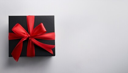 Black Gift Box with Red Ribbon on White Background. Top View of Anniversary Gifts with Copy Space