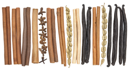 Various Types of Spices and Flavorings Displayed on a White Background Showcasing Their Natural Colors and Textures