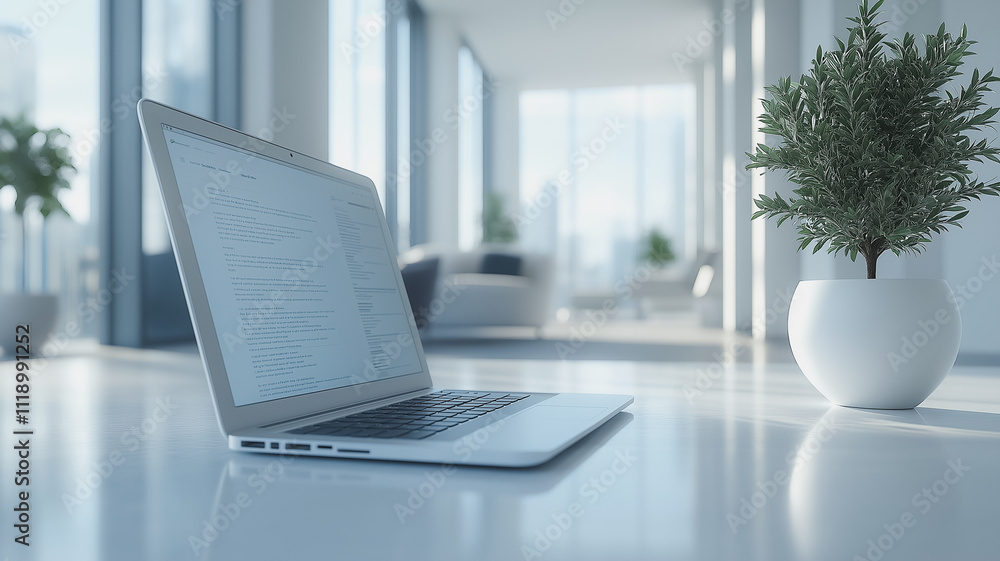 Poster a laptop is open on a table in a room with a potted plant. the laptop is displaying a screen with te