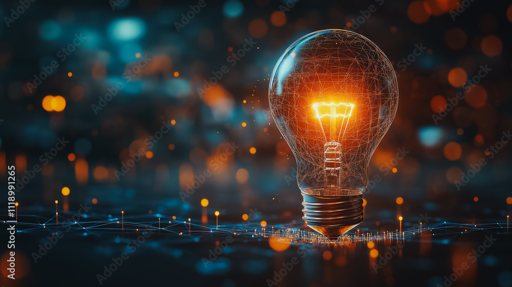 Poster a light bulb is lit up in a dark room. the light bulb is surrounded by a lot of small dots, which gi