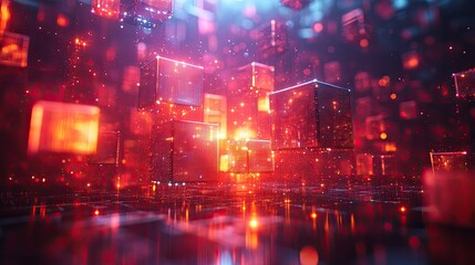 Glowing neon data points and pixelated code blocks float in digital art representing virtual innovation