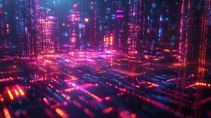 Obraz premium Glowing neon data points and pixelated code blocks float in digital art representing virtual innovation