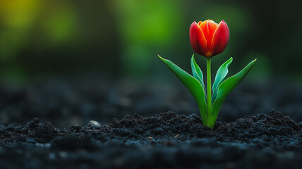 Obraz premium A small red flower is growing in the dirt. The flower is surrounded by dirt and has a green stem. Concept of growth and resilience