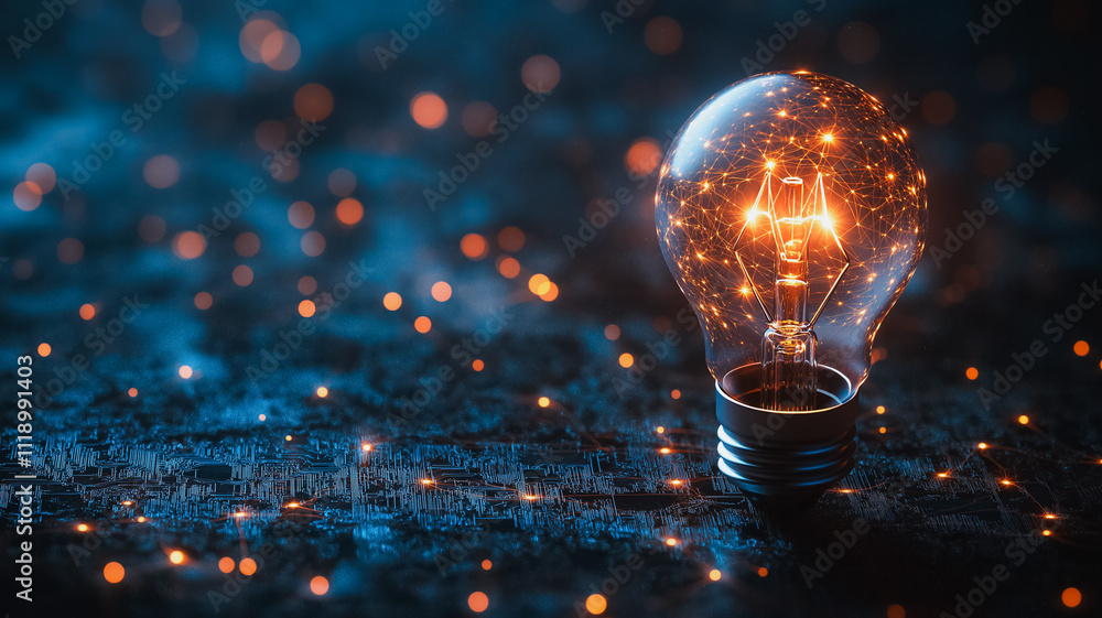 Aufkleber a light bulb is lit up in a dark room. the light is shining through a small hole in the bulb, creati