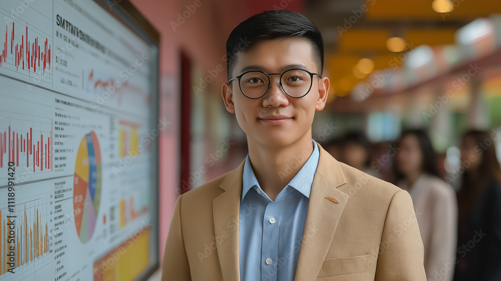 Poster a man in a suit stands in front of a large monitor displaying graphs. he is smiling and he is confid