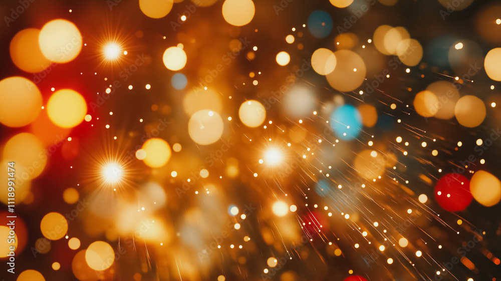 Poster a blurry image of a christmas tree with many bright lights. the image is full of light and color, cr