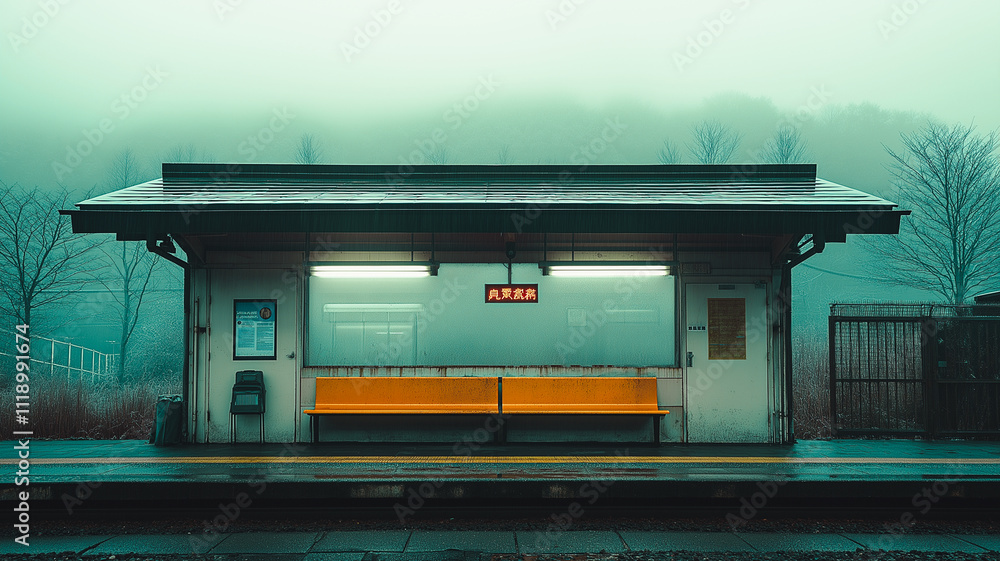 Poster a train station with a bench and a red sign. the bench is empty and the train station is empty. scen