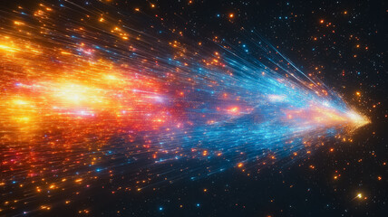 Obraz premium A colorful stream of light in the sky. The colors are red, blue, and yellow. The stream of light is long and narrow