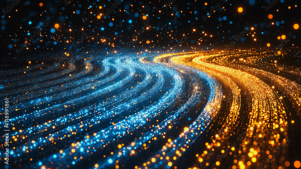 Poster the image is a colorful, abstract representation of a wave. the blue and orange colors create a sens