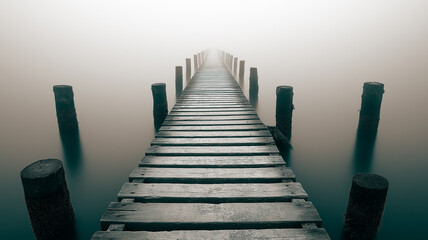 Obraz premium Wooden pier extending into calm water on a foggy day