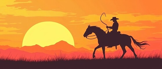 Naklejka premium silhouette of cowboy on horse with lasso in hand against sunset sky