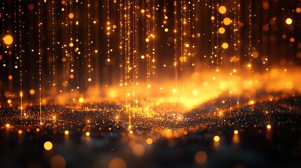 Fototapeta premium Golden lights and lines cascade down a black background, creating a dazzling display of shimmering, sparkling light streaks