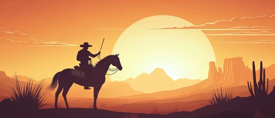 silhouette of cowboy on horse with lasso in hand against sunset sky