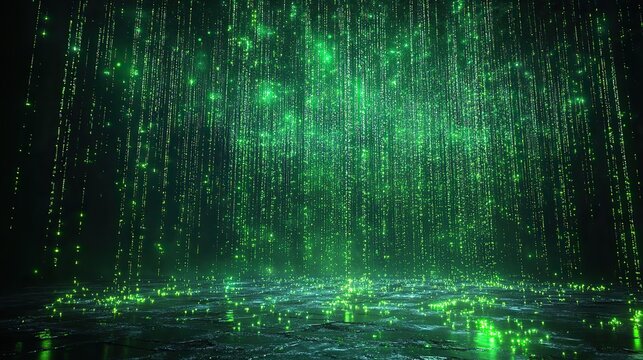 Green binary code raining down against a black background, symbolizing a digital world