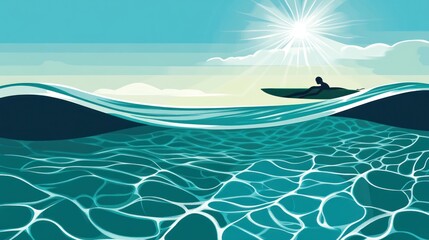A serene illustration of a person kayaking on tranquil waters under a bright sun.