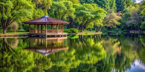 Fototapeta premium A serene park pavilion reflected on a calm lake surrounded by lush green trees , pavilion, lake, reflection, green, trees, peaceful