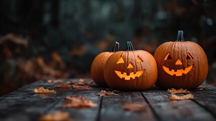 Halloween pumpkins on a wooden table with a blurred dark forest background, symbolizing a spooky Halloween night