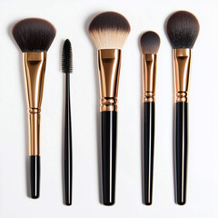 Various cosmetic brushes collection for applying face makeup blusher and foundation, beauty products isolated on white background
