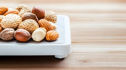 Weight scale with nuts balanced on a wooden surface, symbolizing the delicate equilibrium between nature's bounty and human consumption