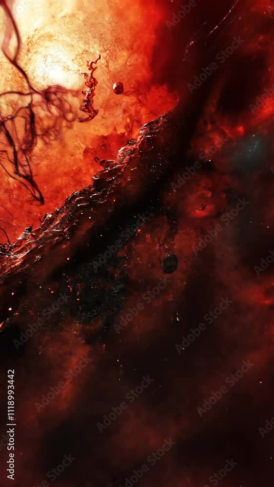 Poster abstract representation of texture and color with vivid shades of red and dark tones during an artis