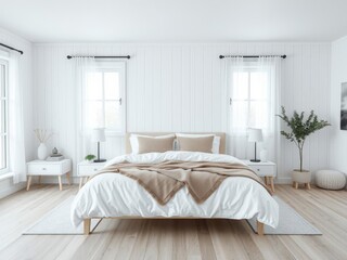 Spacious bedroom with a cozy king size bed in a minimalist scandinavian style, scandinavian, clean