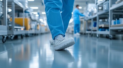 Medical Professional Walking in Bright Cleanroom with Blue Scrubs