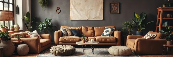 Vintage black poufs placed in trendy eclectic living room with brown couch, plants, art prints, bohemian decor, trendy, vintage