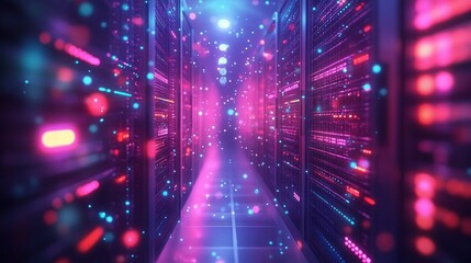 Futuristic Data Center with Neon Server Racks and Cloud Computing Connectivity