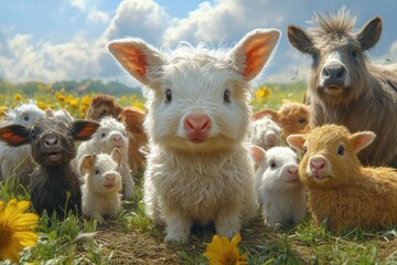 Fototapeta premium playful gathering of farm animals smiling and laughing under a blue sky with fluffy clouds