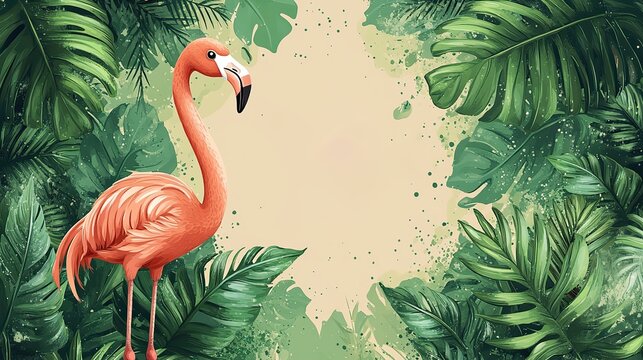 Hello June text with tropical leaves and a flamingo in a cute cartoon style