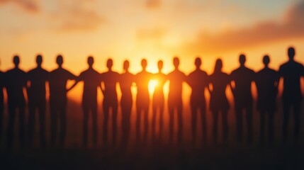 Fototapeta premium Silhouetted figures stand together against a vibrant sunset, symbolizing unity, connection, and shared experiences.