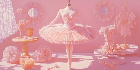 A whimsical scene featuring a pink ballet dress and decor, evoking elegance and artistry.