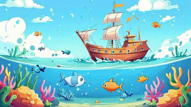 Cartoon Ocean with Cute Ship and Fish