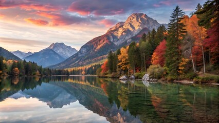 Fototapeta premium Panoramic view on Federa Lake and Croda da Lago mountains in Autumn time. Bright orange larches glowing by sunrise light. Lago di Federa, Dolomite, GENERATIVE AI